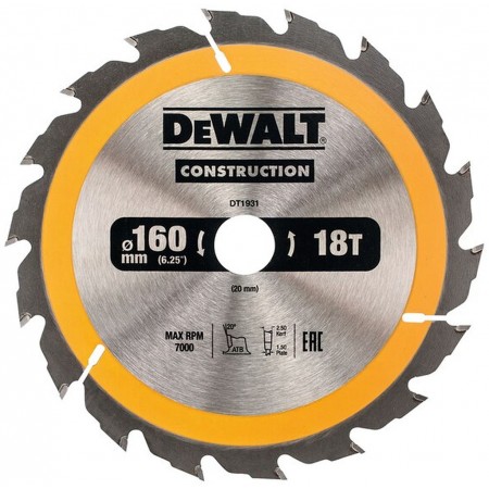 DeWALT DT1931 Tarcza tnąca 160 x 20 mm, 18 zębów