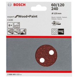 BOSCH Papier ścierny C430, opakowanie 5 szt. 125 mm, 60/120/240 2608605112